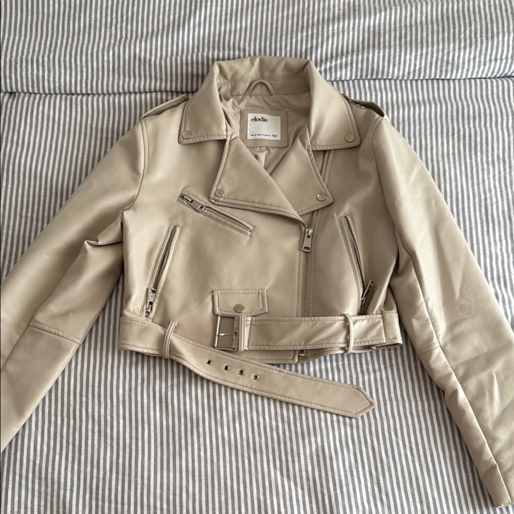 Elodie Tan Leather Jacket Cropped Motorcycle Style